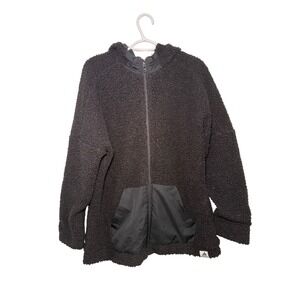 Adidas Sherpa Fleece Hooded Zip Up Jacket Black Womens Size 2XL Heavy Athleisure